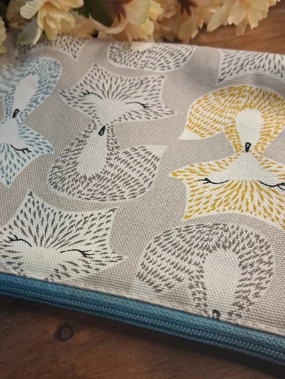 Thirty-one Fox Print Cosmetic Pouch in Blue, Yellow and Gray